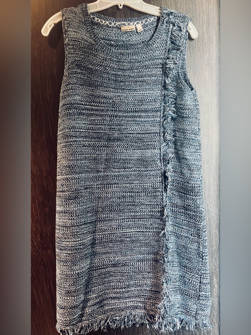 HOLDING HORSES by Anthropologie Blue Knit A-Line dress with Fringe Trim